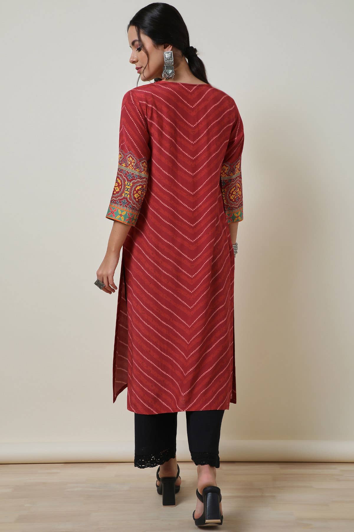 Brick Red Viscose Muslin Bandhani Print Kurta - Image 2