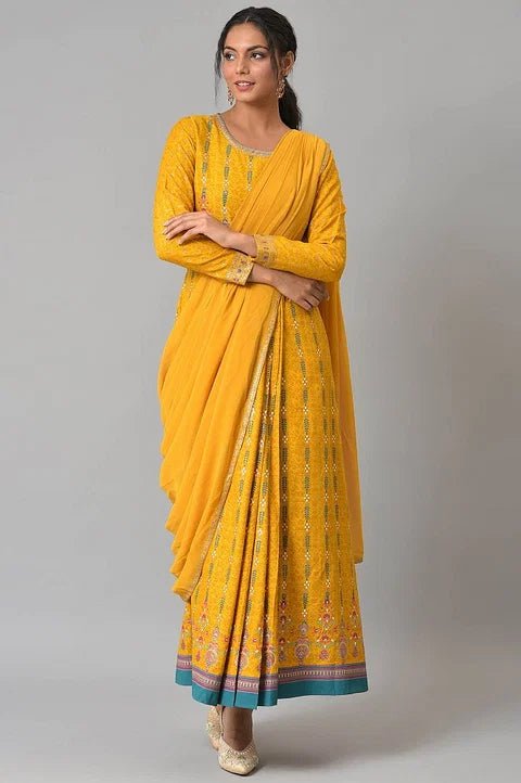 Yellow Glitter Printed Festive Saree Dress With Belt - Image 6