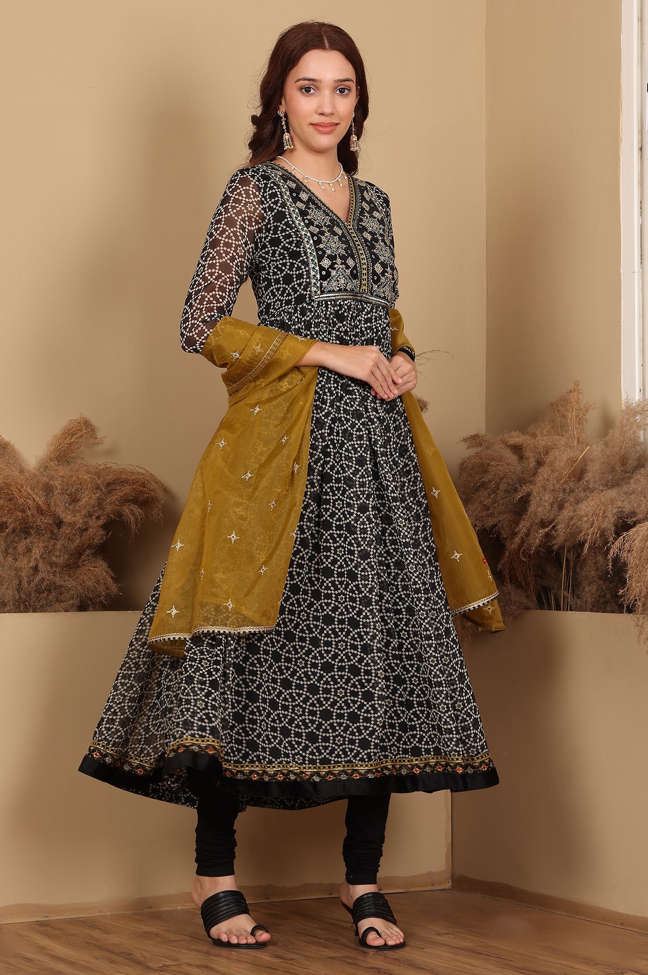 Black Printed Gathered Chiffon Kurta With Embroidery, Churidar And Dupatta Set - Image 6