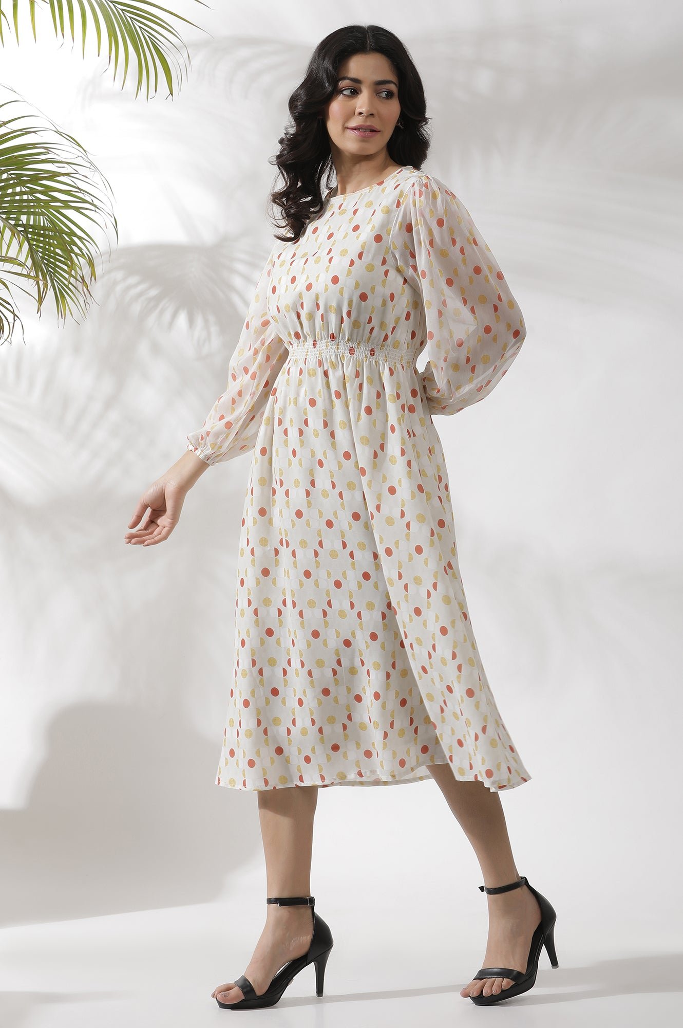 White Polka Dot Printed Gathered Western Dress - Image 9