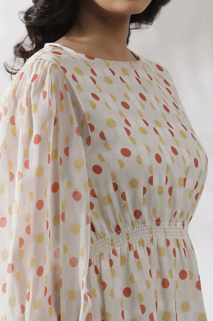White Polka Dot Printed Gathered Western Dress - Image 3