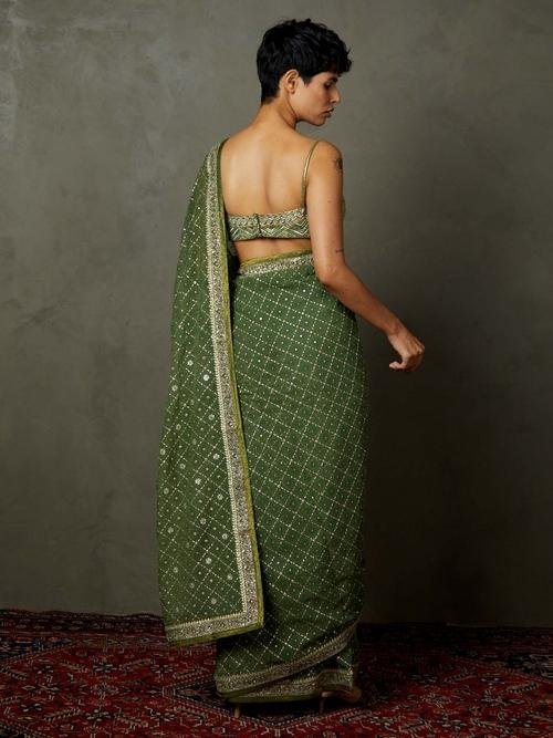 Khaki Rohira Saree With Unstitched Blouse - Image 4